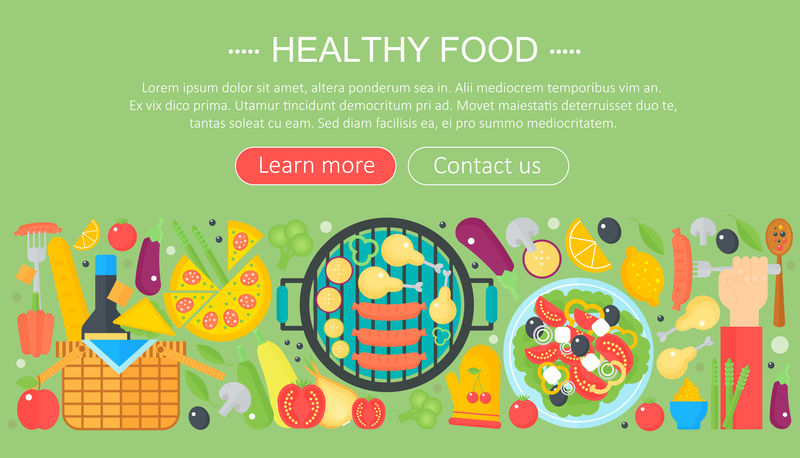 烹饪收藏，健康食品信息模板设计，网页标题元素，海报横幅。食物矢量图。