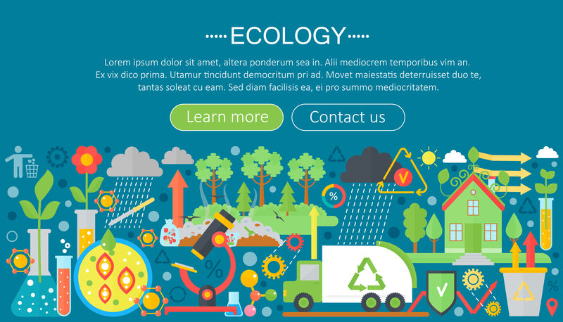 现代平面信息生态学概念。绿色能源替代燃料。网页标题海报。