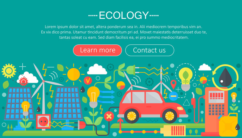 现代平面信息生态学概念。绿色能源替代燃料。网页标题海报。