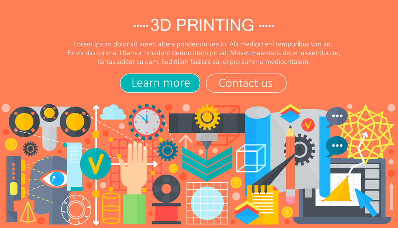 3D打印机技术平面概念集。三维建模，打印和扫描网页标题。