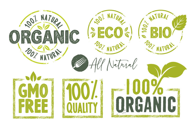 一套健康的有机食品标签和高品质的产品徽章-天然产品-100%有机和生态图标-矢量