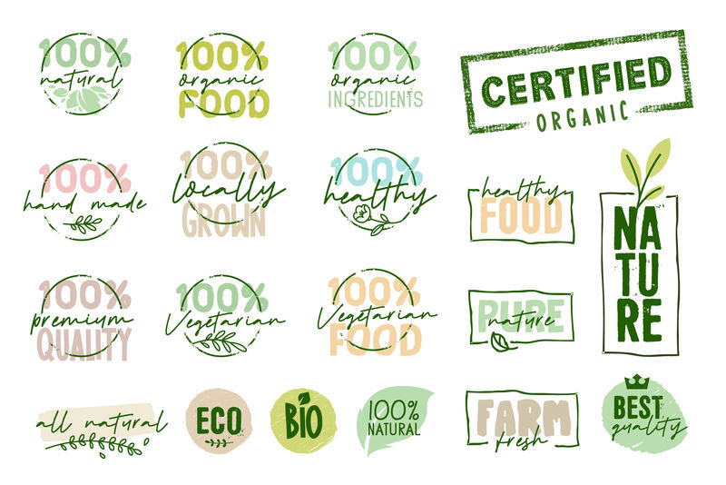 有机食品、农场新鲜和天然产品标签和徽章收集-用于食品市场、电子商务、有机产品推广、健康生活和优质食品和饮料