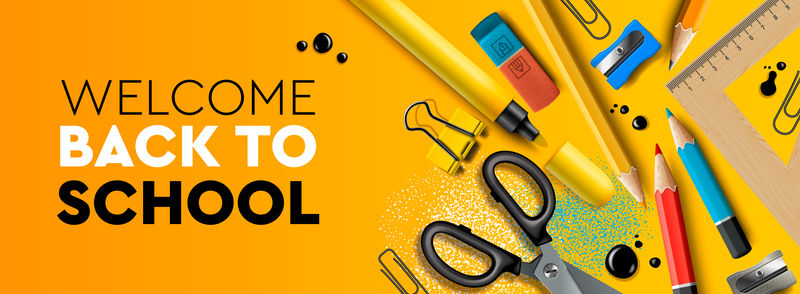 欢迎回到学校横幅-第一天上学-铅笔和黄色背景的供应品-矢量图