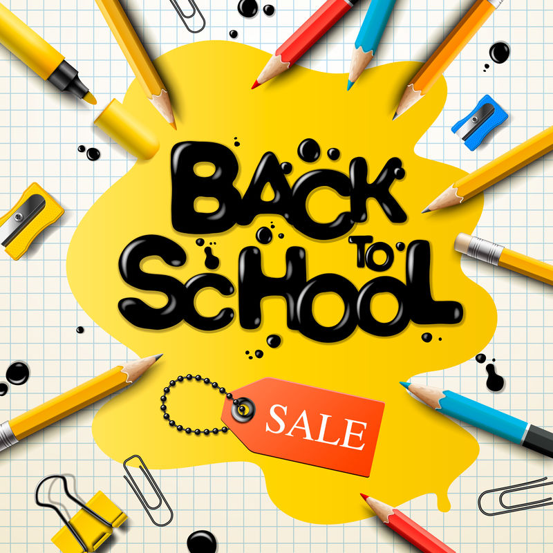 返校销售海报和横幅用彩色铅笔和元素进行零售营销推广和教育相关。矢量图。
