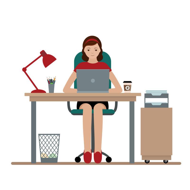 女商人或在办公桌工作的职员-平面式现代矢量插图