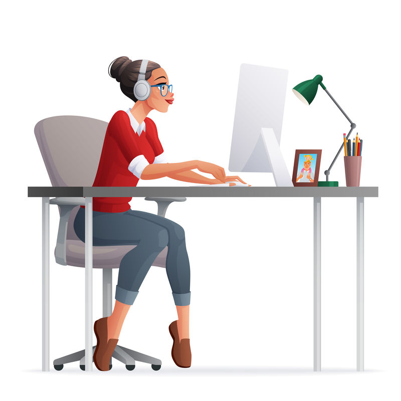 矢量自由职业妇女在家办公，使用台式电脑。