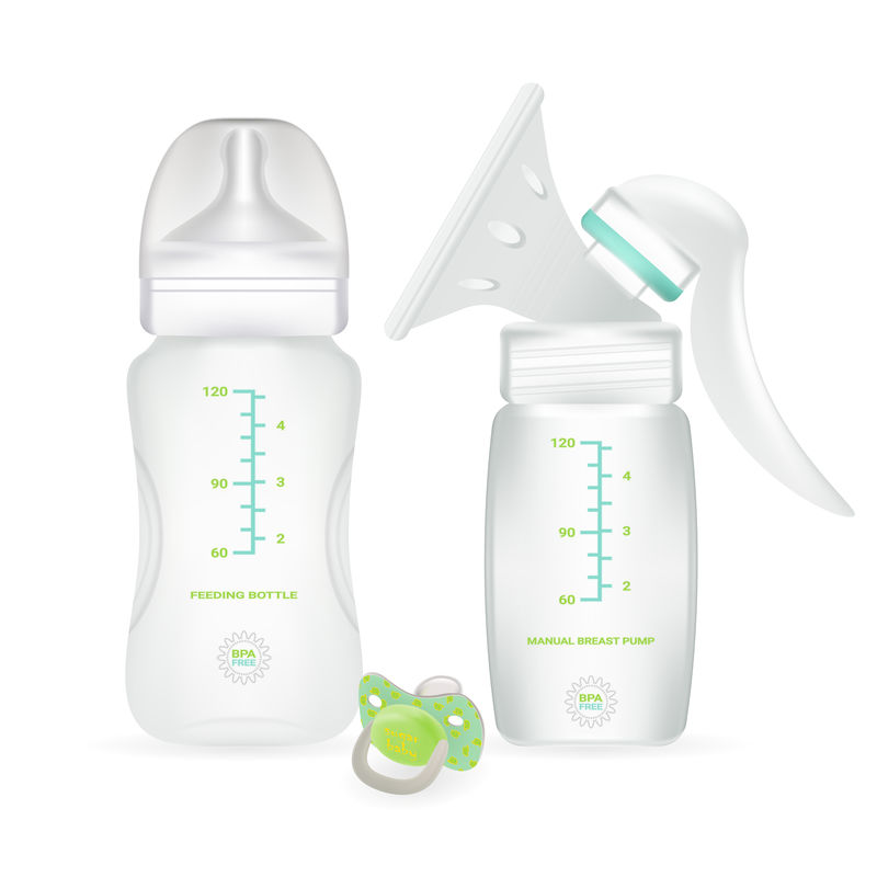 婴儿奶瓶，奶嘴和乳泵隔离在白色背景上。矢量图。