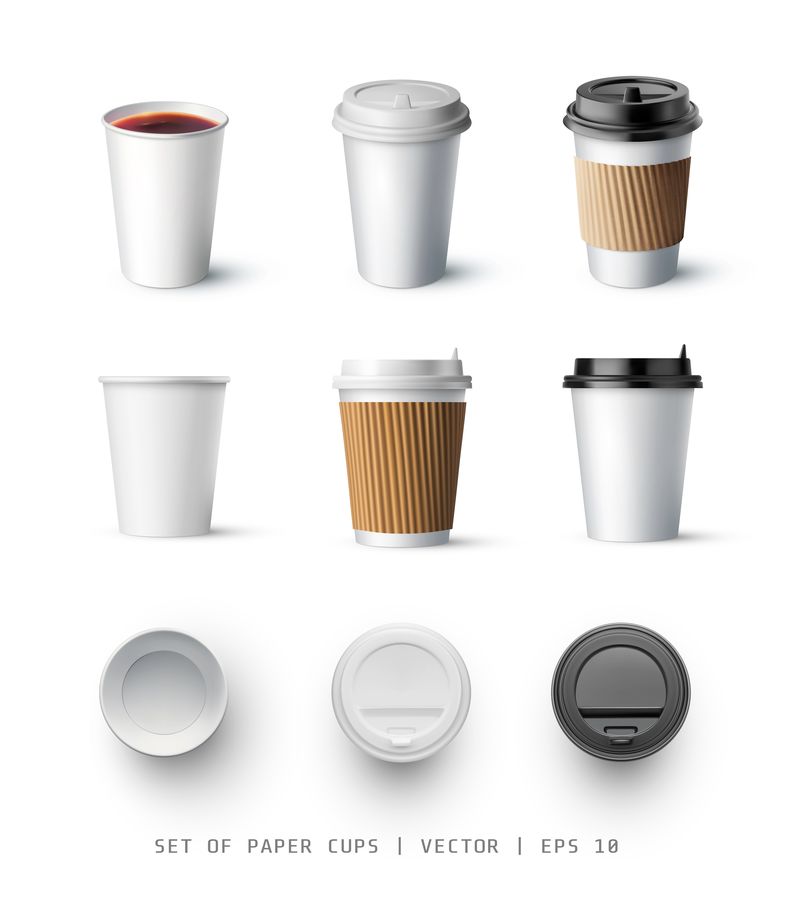 孤立的现实向量模型杯咖啡或茶-前视图、侧视图和顶视图-一套模型-矢量图解