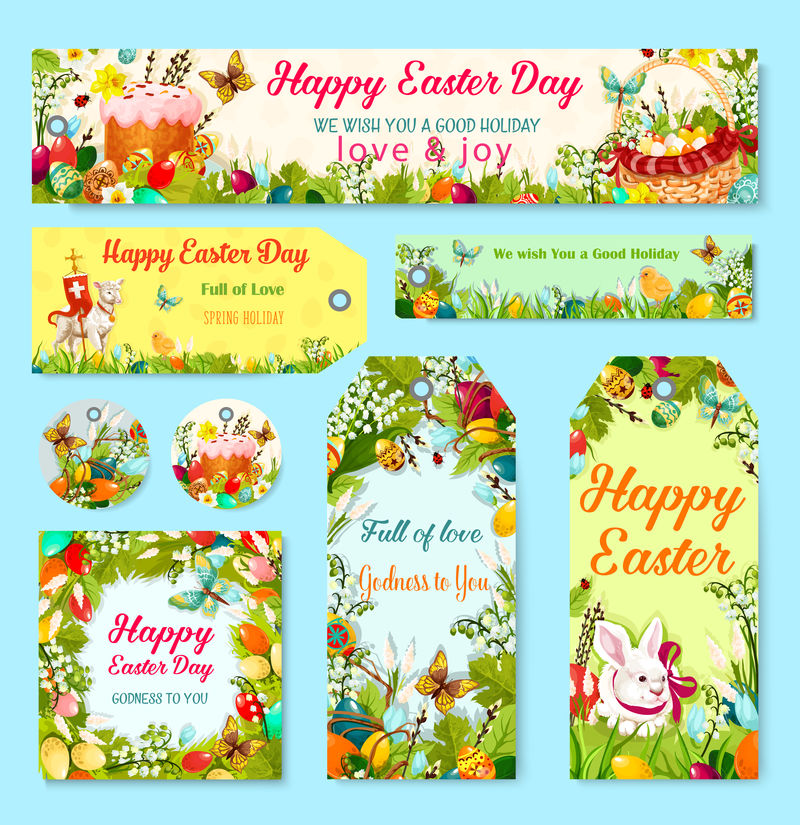 复活节彩蛋和兔子礼品标签，带花卉装饰