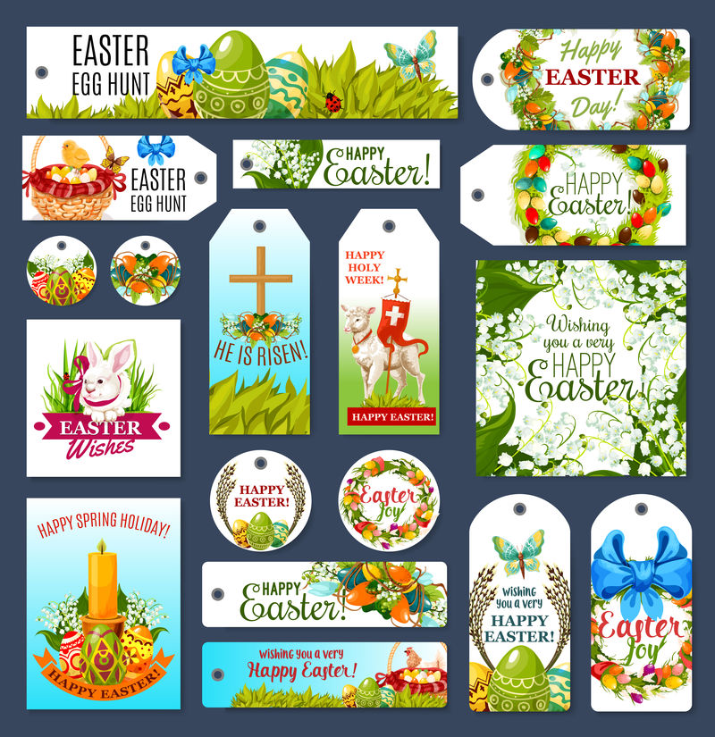 复活节标签，配有猎蛋兔子和鲜花