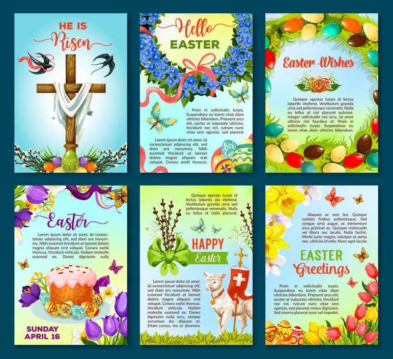 彩蛋、鲜花、蛋糕、十字架的复活节海报模板