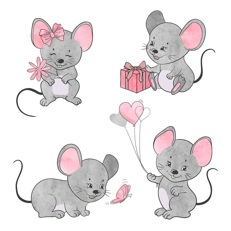 一组可爱的卡通小老鼠-矢量水彩鼠标收藏