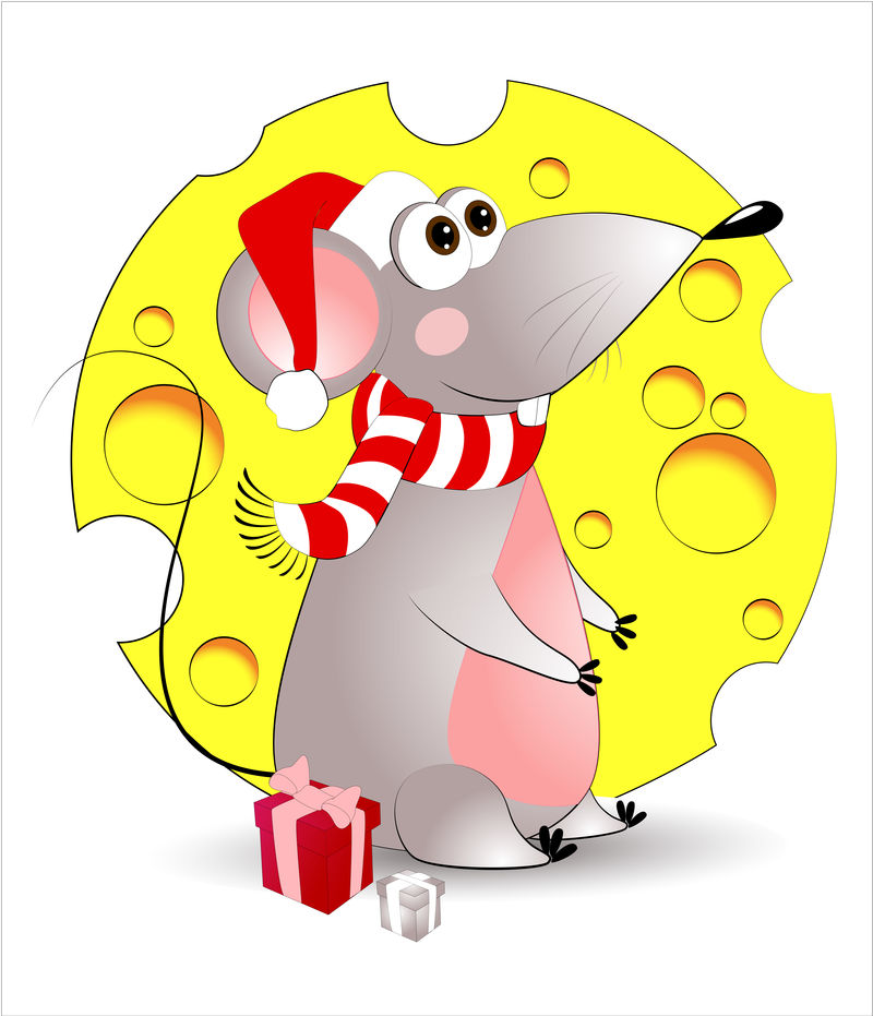 鼠标放在奶酪的背景上-新年贺卡-T恤组成-矢量图-圣诞快乐