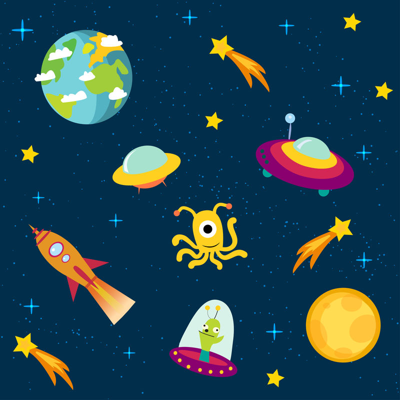 带有地球、土星、UFO、火箭、卫星和恒星的幼稚无缝空间图案