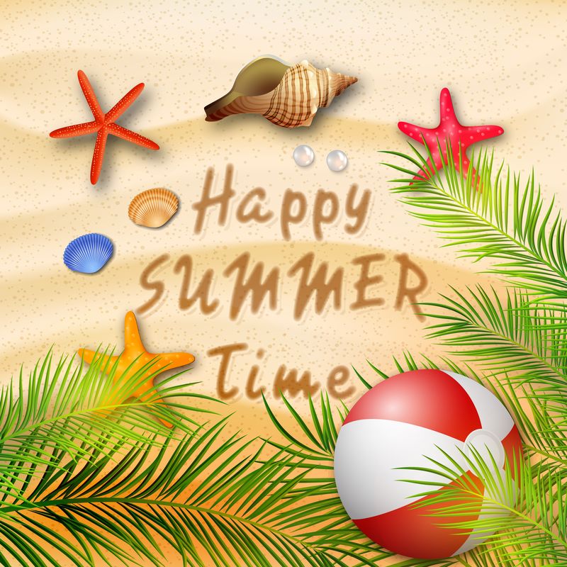 以海星、珊瑚、球和棕榈树为背景的暑假海滩