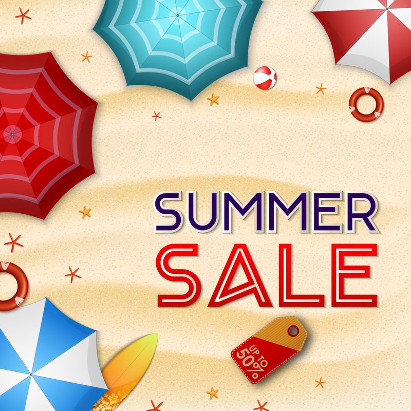 夏季销售背景-许多伞、冲浪板、浮标、海星和沙滩球的俯视图