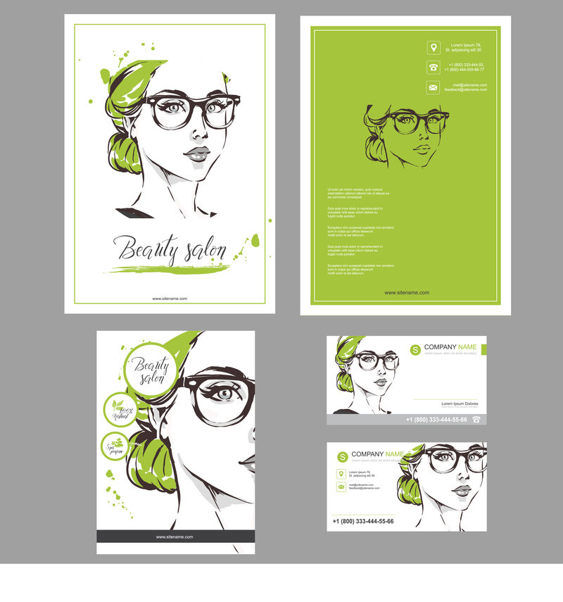卡片、传单、海报、宣传册和传单设计的一大套手绘模板-女性时装插图适合时装店-光学-SPA沙龙-美发师矢量图形-绿色