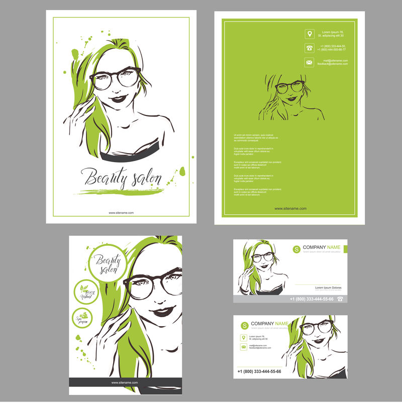 卡片、传单、海报、宣传册和传单设计的一大套手绘模板-女性时装插图适合时装店-光学-SPA沙龙-美发师矢量图形-绿色