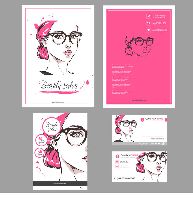 卡片、传单、海报、宣传册和传单设计的一大套手绘模板-女性时装插图适合时装店、光学、SPA沙龙、美发师矢量图-红色粉红色