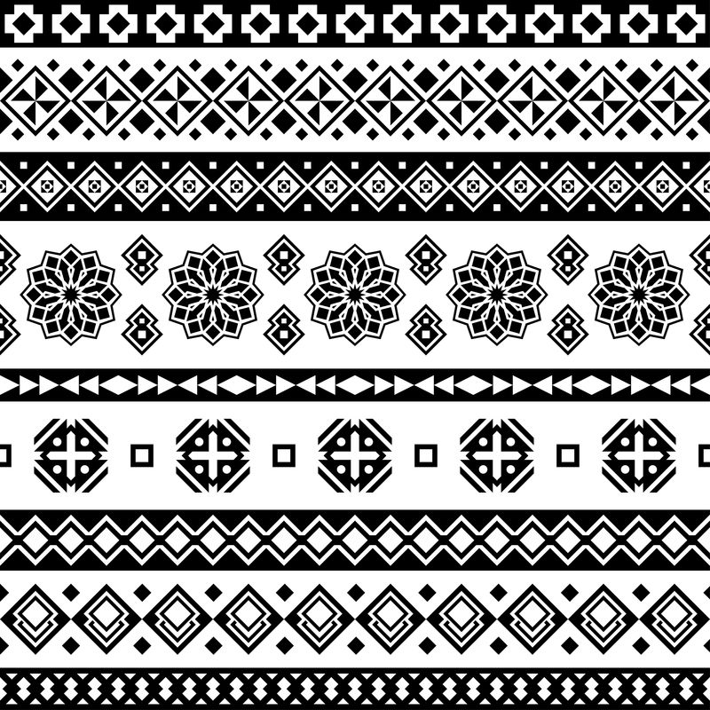 伊卡特几何装饰插画设计-阿兹特克部落无缝图案黑白色载体