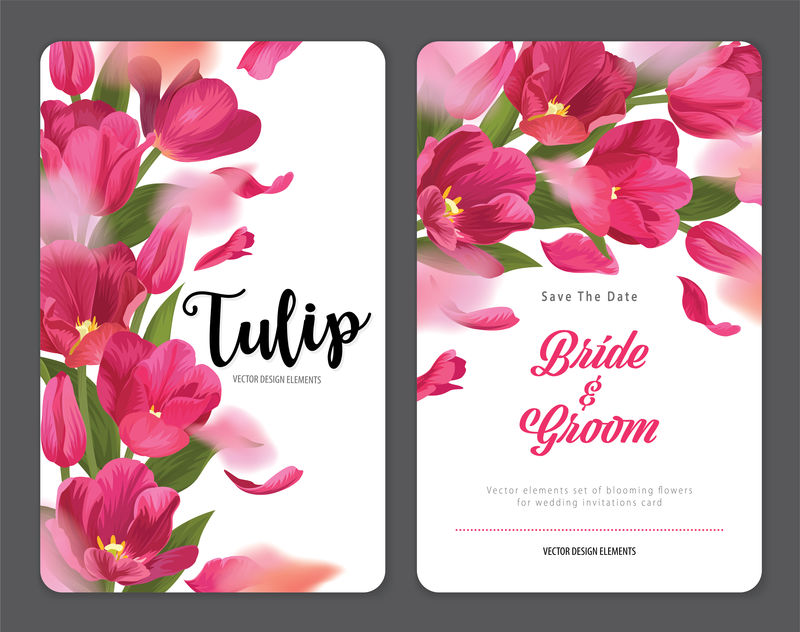 盛开美丽的粉红色郁金香花背景模板-婚礼请柬、贺卡、代金券、宣传册和横幅设计用鲜花矢量集