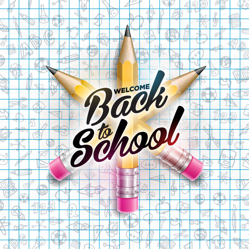 回到学校设计，用彩色铅笔和印刷字体在方格小册子背景上。矢量教育概念说明，用于贺卡、横幅、传单、邀请函、宣传册或宣传海报。