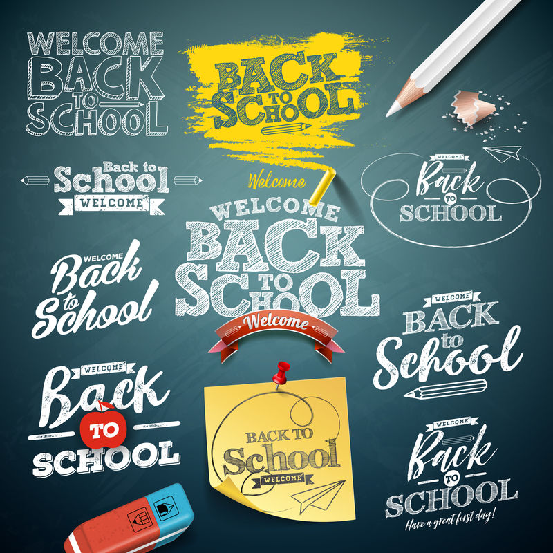 回到学校的插图印刷字体设置在黑板背景上。矢量教育概念设计收集贺卡，横幅，传单，邀请，小册子或宣传海报。