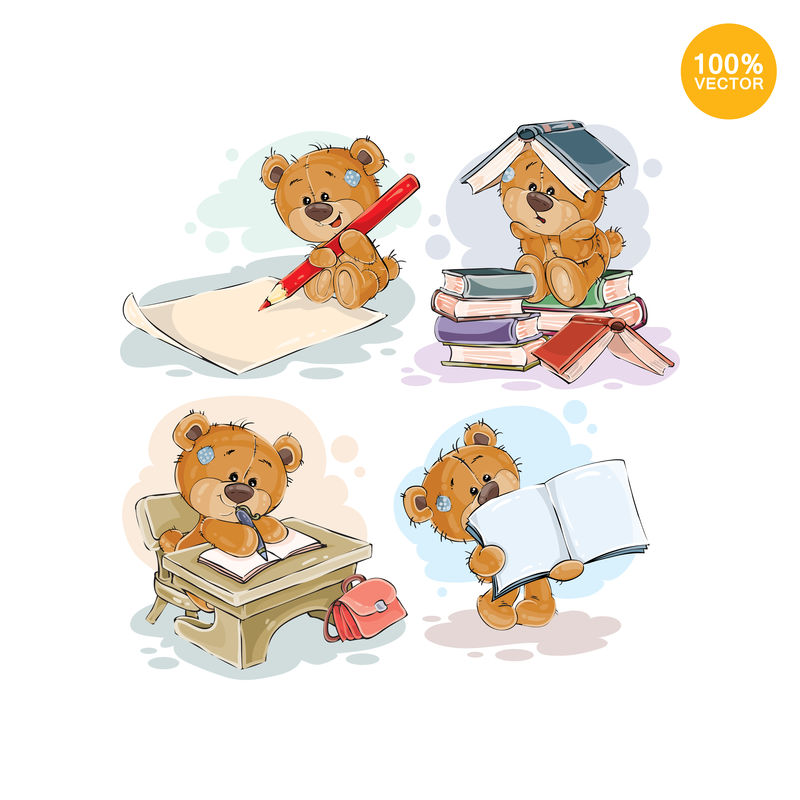 一套关于学校和大学教育主题的泰迪熊剪贴画插图