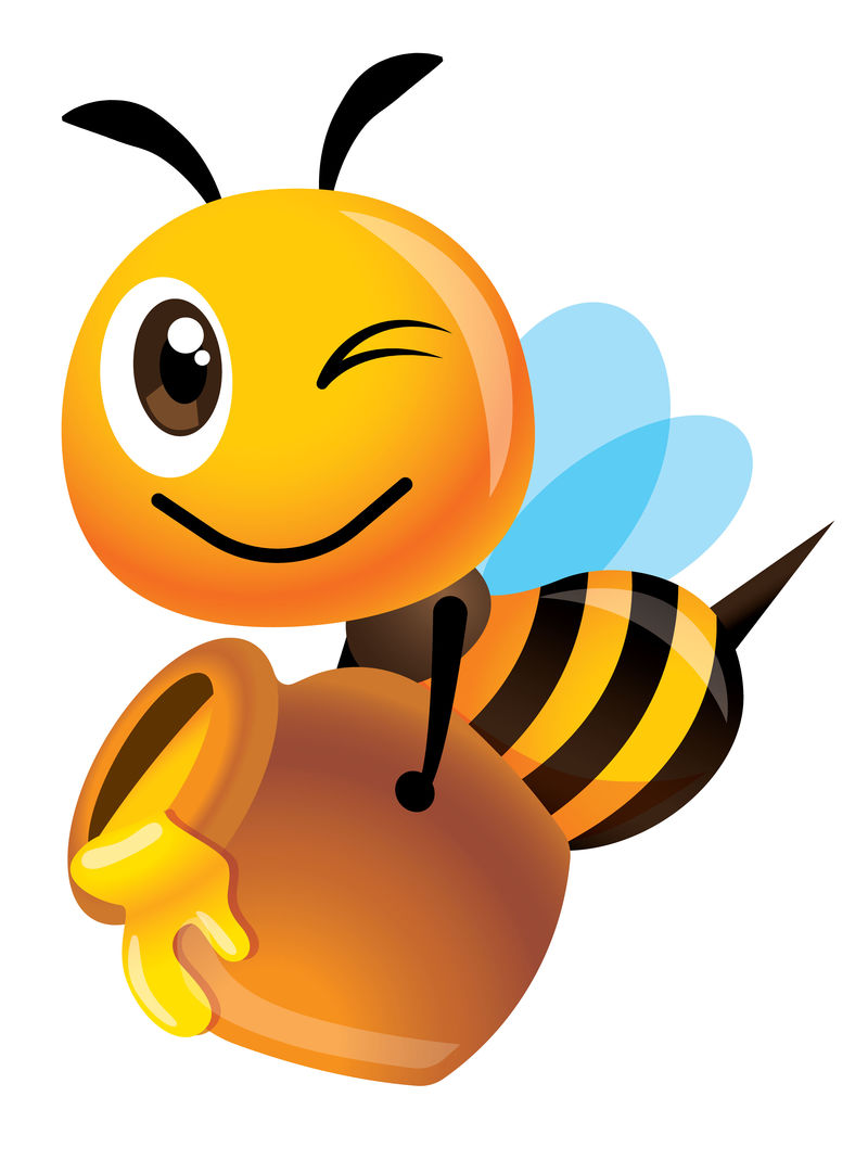 卡通可爱的快乐蜜蜂携带一个大蜜罐装满新鲜的有机蜂蜜
