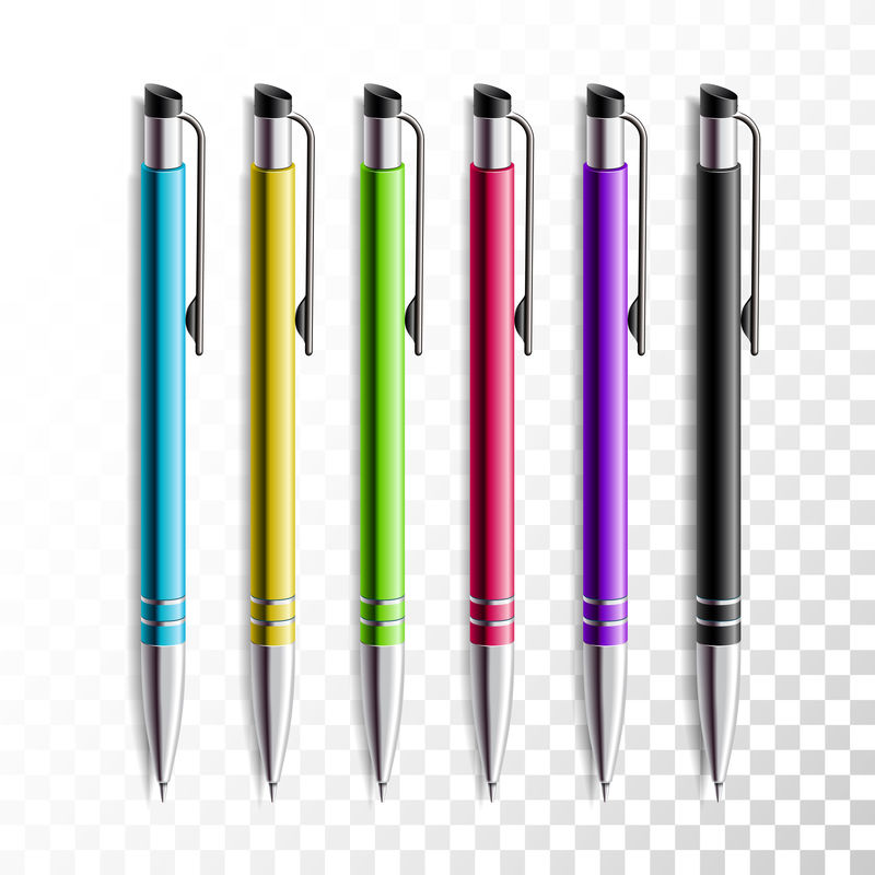 在透明背景上设计一套逼真的彩色笔。学校或办公用品，彩色笔矢量插图。