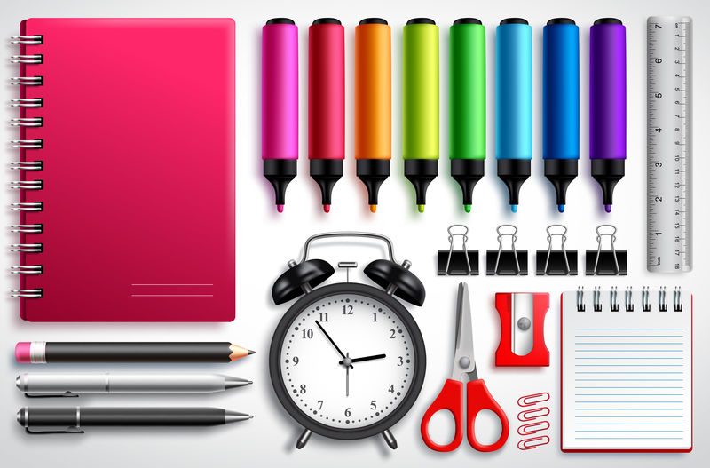 学校材料矢量集与彩色笔-笔记本和办公用品隔离在白色背景-返校设计的教育元素