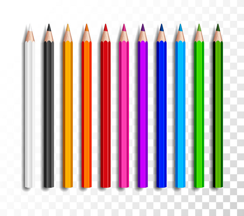 在透明背景上设计一套逼真的彩色铅笔。学校项目，彩色铅笔矢量插图。
