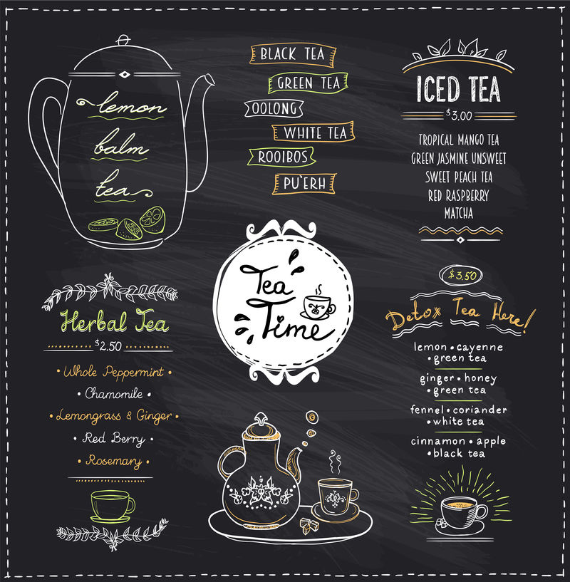 为咖啡馆或餐厅设置的黑板茶时间菜单设计-草药茶、冰茶和排毒茶、手绘插图