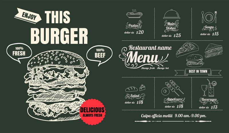 带黑板背景的餐厅食品汉堡菜单设计
