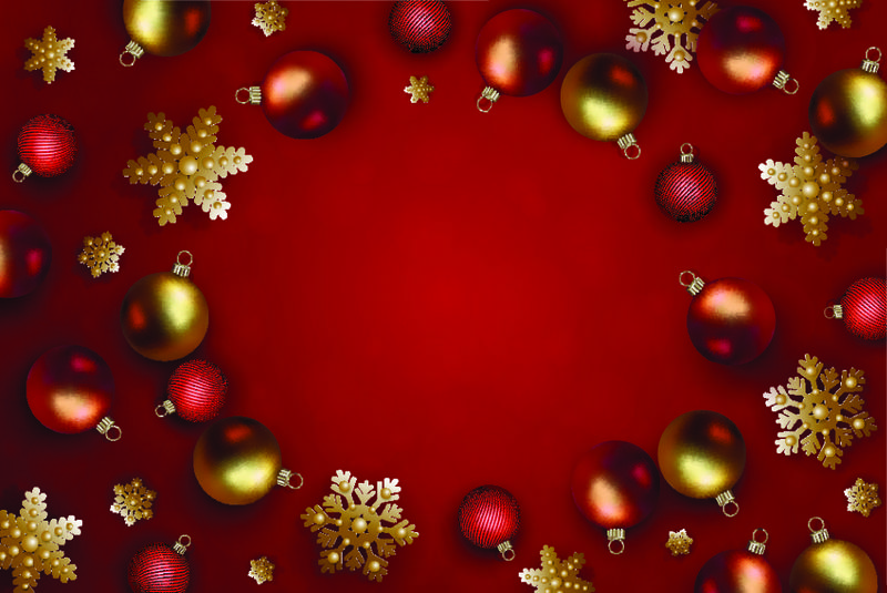 新年背景有金色的枞树枝-红色的圣诞球和红色的雪花背景-矢量插图