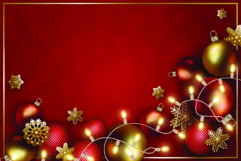 红色背景的圣诞饰品和金色蛇形彩带-圣诞卡