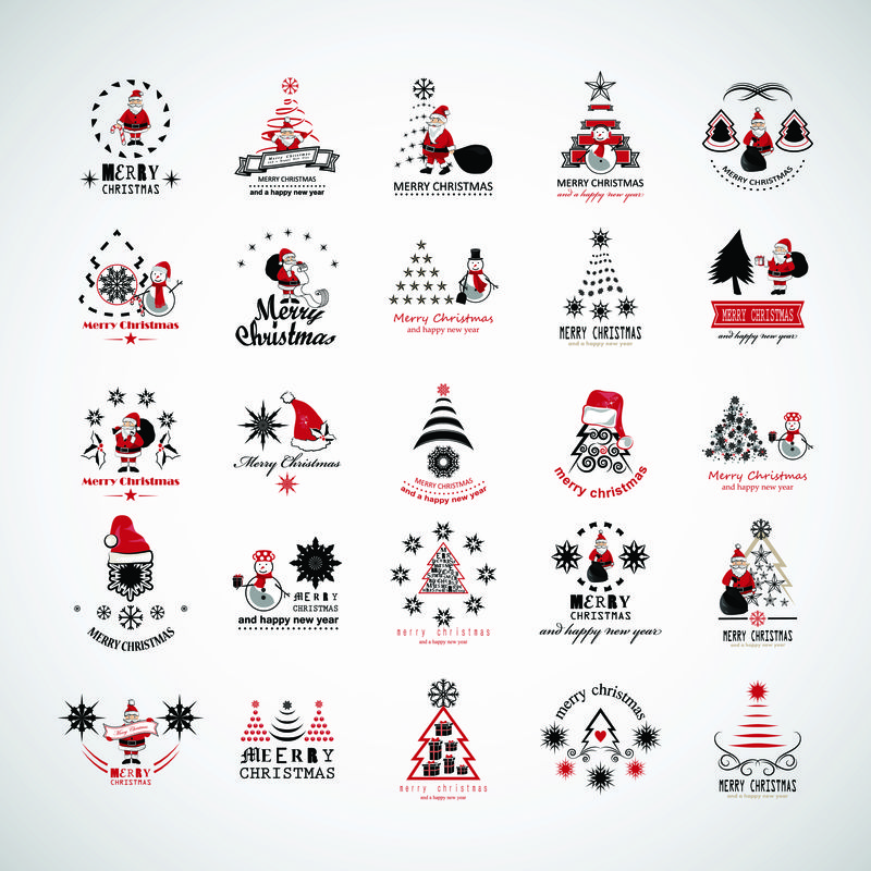 圣诞图标和元素设置-在灰色背景上隔离-矢量插图-标签-贴纸-圣诞树-圣诞老人图标和标志的圣诞图标集合-圣诞快乐版式
