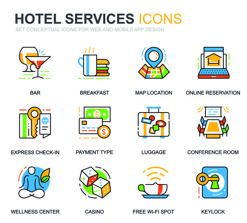为网站和移动应用程序设置简单的酒店服务线图标-包含餐厅、客房服务、前台等图标-概念颜色线图标-矢量象形图包