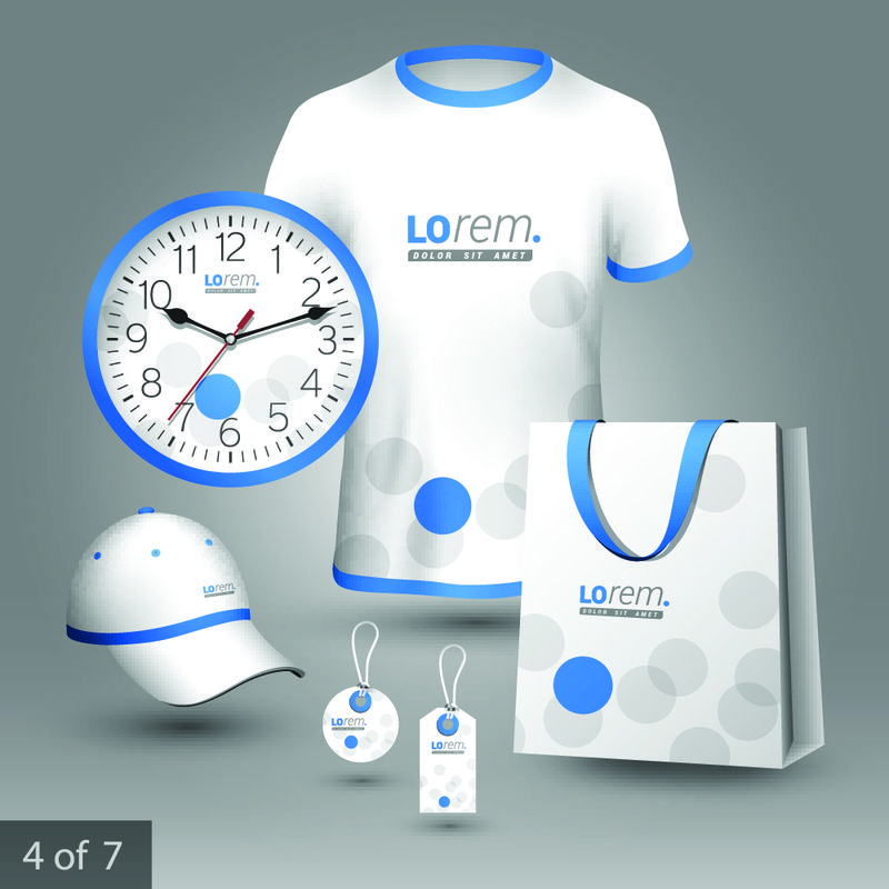 白色促销纪念品设计-以蓝色和灰色圆圈作为企业标识-文具套装