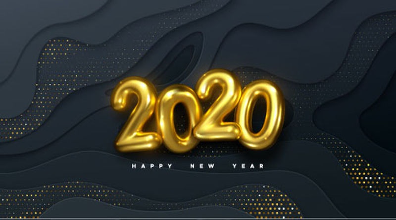 2020年新年快乐-矢量假日插图-黑色波浪纸上的金色数字形成背景-背景上有闪光的颗粒-分层剪纸装饰-节日横幅模板