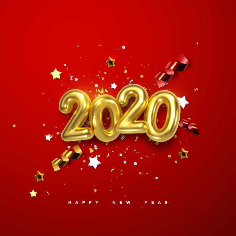 逼真的2020金色数字和节日五彩纸屑-星星和红色背景的螺旋丝带-矢量假日插图-2020年新年快乐-新年装饰品-金箔装饰元素