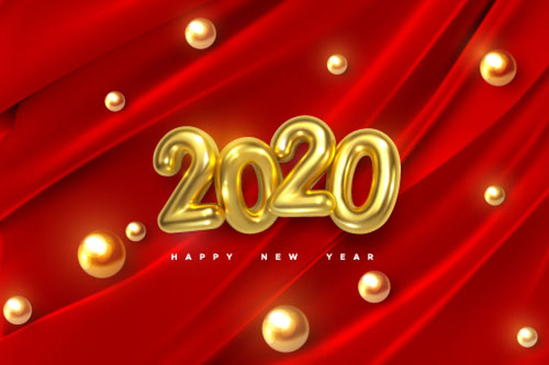 2020年新年快乐-红色褶皱织物背景上金色数字的矢量假日插图-有闪亮的球体或珍珠-节日活动横幅-海报或封面设计的装饰元素