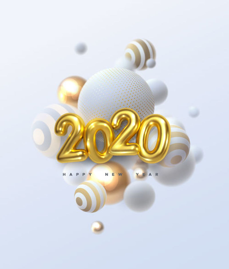 2020年新年快乐-黄金金属数字2020和抽象球或气泡的假日矢量图-逼真的三维标志-节日海报或横幅设计-聚会邀请