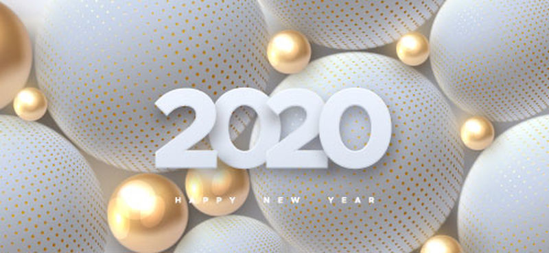 2020年新年快乐-2019年白皮书编号和抽象球或气泡的假日矢量图-3D标牌-节日海报或横幅设计-聚会邀请