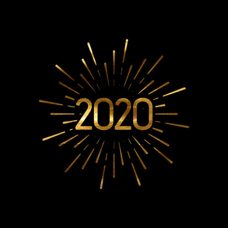 2020新年快乐-带有字母和突发或光线的假日矢量插图-金色纹理新年快乐标签
