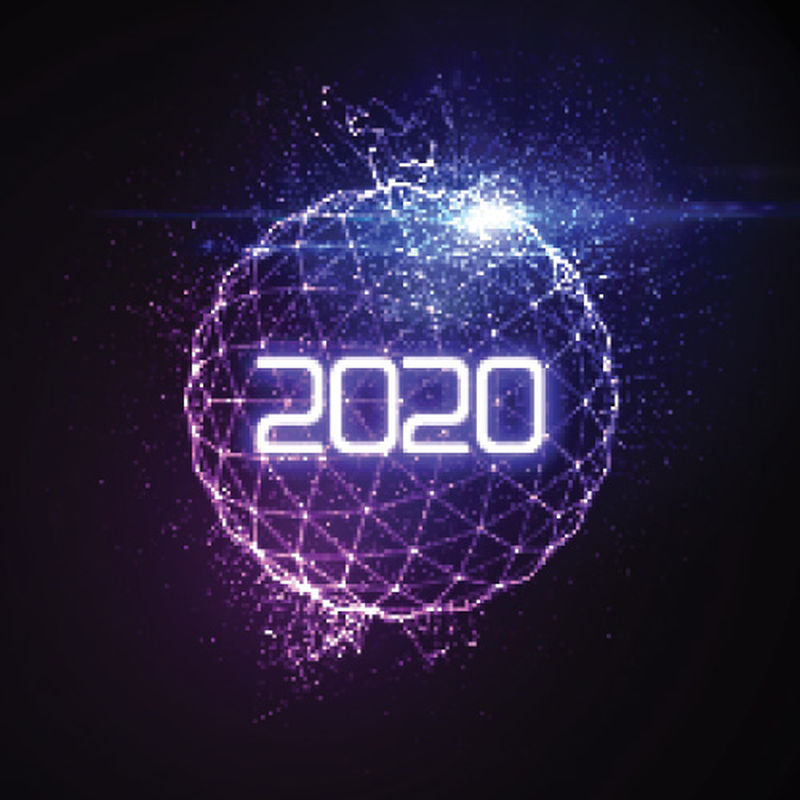 2020年新年快乐-未来的发光霓虹灯与爆裂的光线球体-矢量假日插图-庆祝2020年新年党标-设计装饰元素