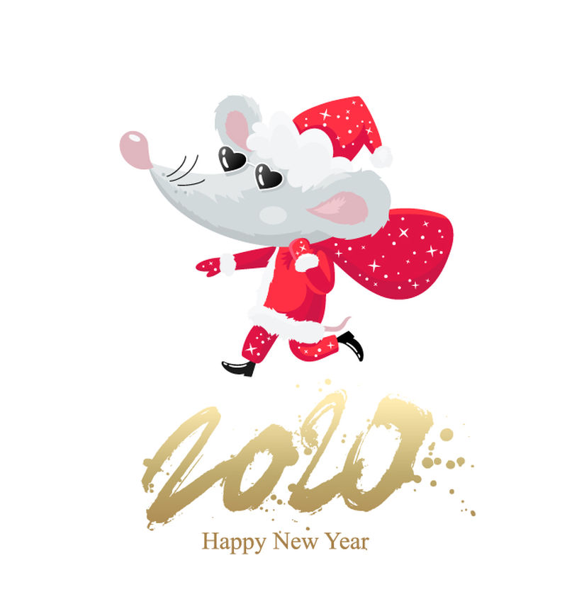穿着圣诞老人服装-戴着黑色太阳镜和一包礼物的酷小老鼠-中国2020年的象征-新年快乐-刻字-假日卡-白色背景上的矢量图