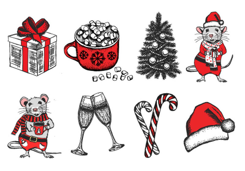 圣诞布景-新年贺卡-手绘插图
