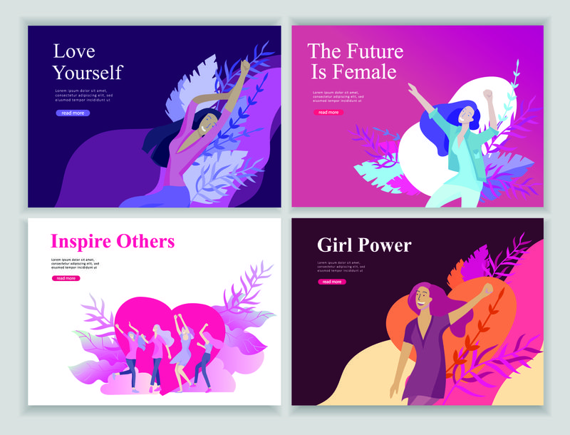 美的网页设计模板-梦想动机-国际妇女节-女权概念-女权和女权-网站和移动网站开发的矢量说明