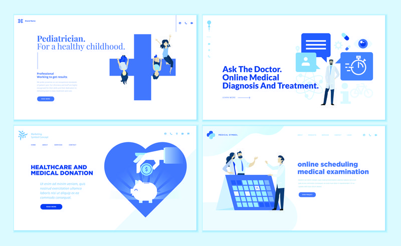 网页设计模板集儿科医生、在线医疗诊疗、医疗捐赠为一体-网站和移动网站开发的现代矢量插图概念
